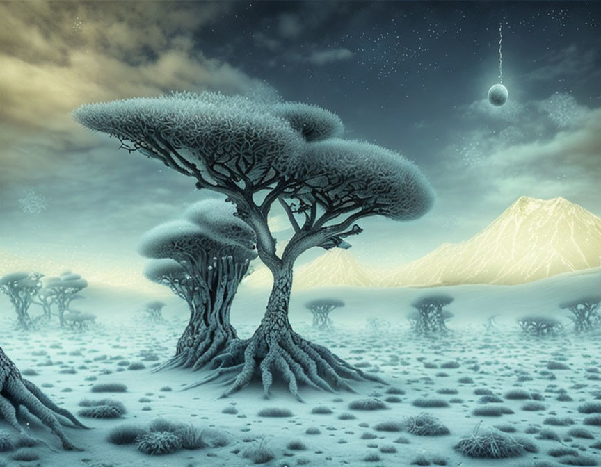 Surreal winter landscape with snow-covered mushroom trees and descending bright object
