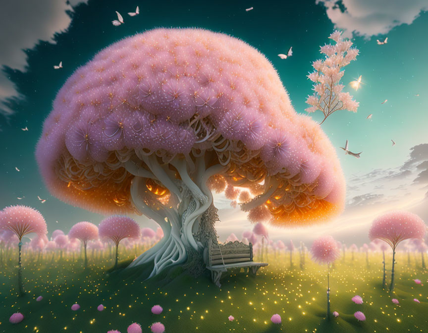 Fantastical landscape with pink canopy tree, glowing orbs, lone bench, and dreamy sky