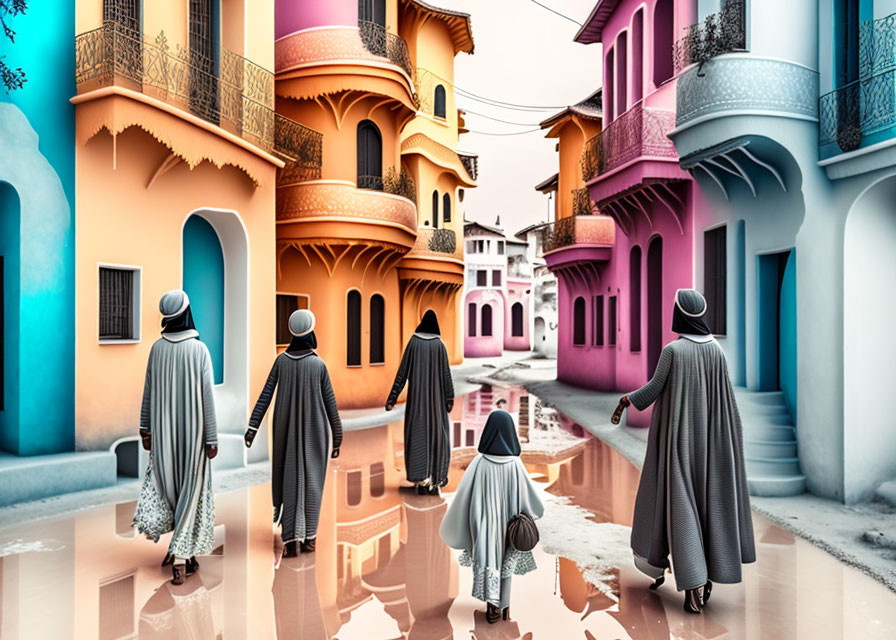 Four People in Traditional Robes Walking on Colorful Street