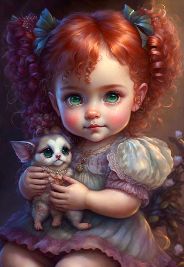 Digital painting: Young girl with red curly hair and green eyes holding adorable kitten in whimsical setting