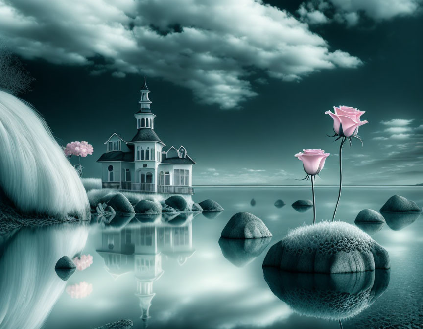 Surreal landscape featuring classic building, reflective water, oversized rocks, and flowers under cloudy sky