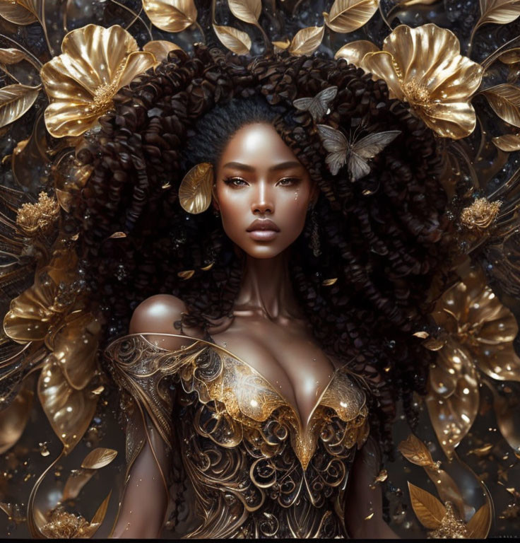 Digital Artwork: Woman with Gold Adornments and Butterflies in Curly Hair