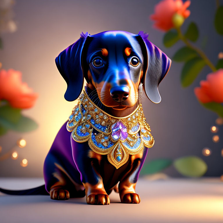 Illustration of black dachshund with gold necklace and purple gem, surrounded by flowers on o