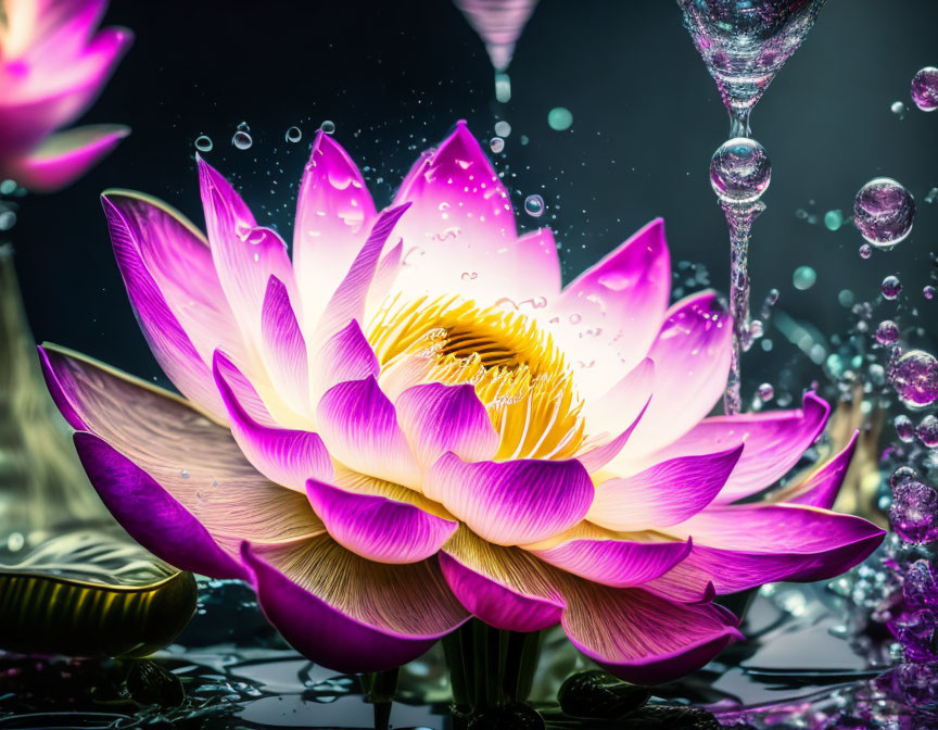 Pink Lotus Flower with Water Droplets and Bubbles on Black Background