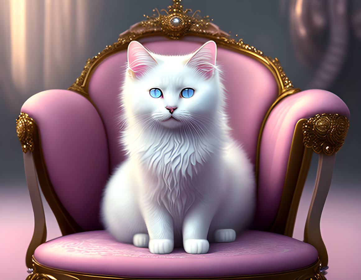 Majestic white cat with blue eyes on pink and gold throne