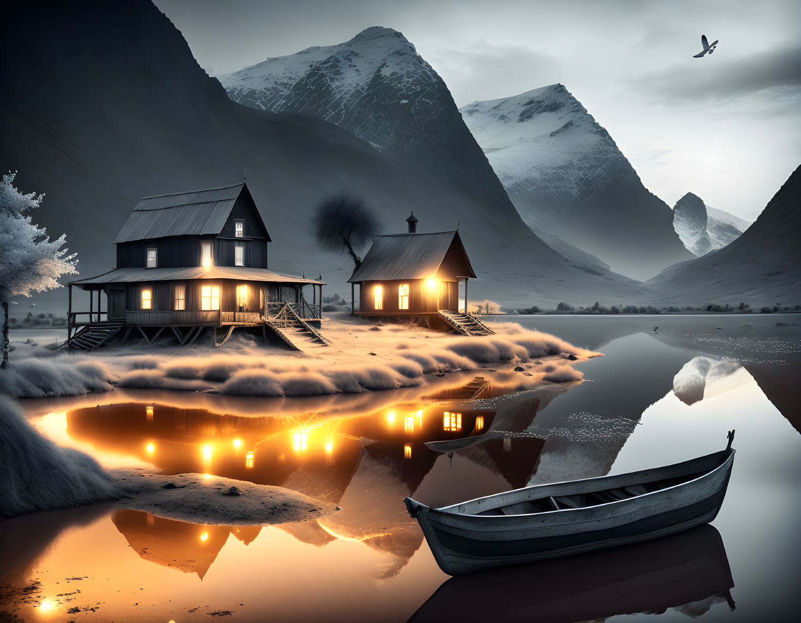 Illuminated Houses by Calm Lake at Twilight with Snow-Covered Peaks