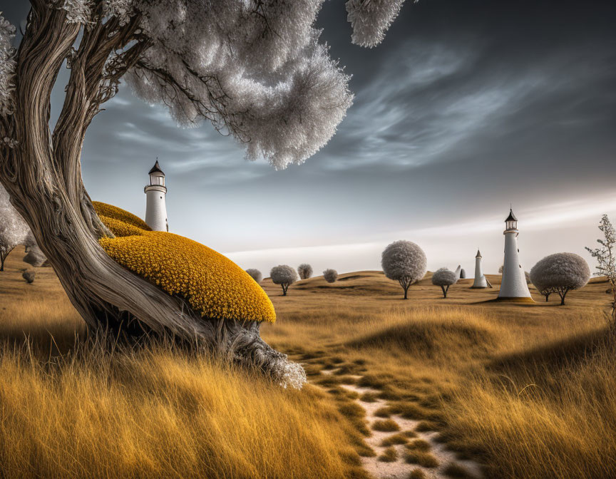 Surreal landscape with twisted tree, yellow mounds, lighthouses, and dramatic sky