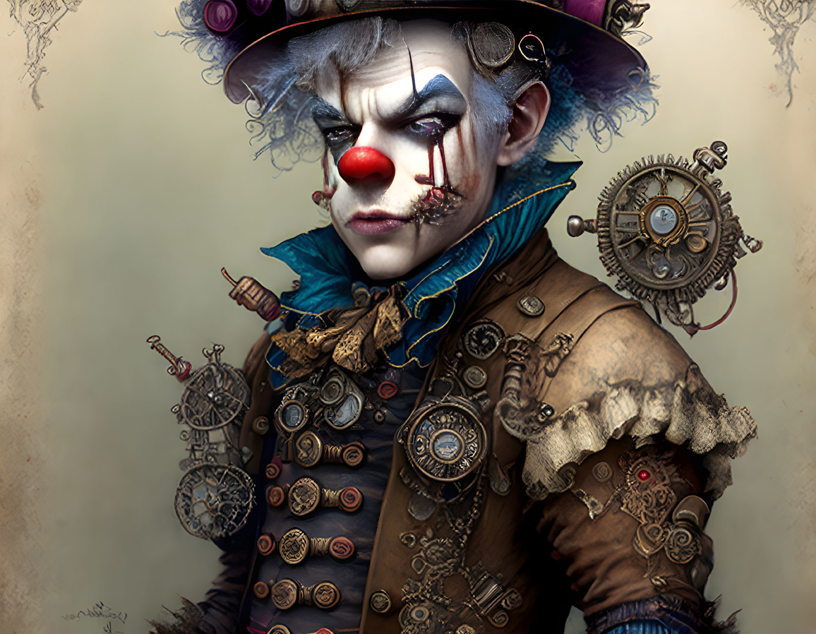 Steampunk-inspired clown with mechanical arm and gear-adorned top hat
