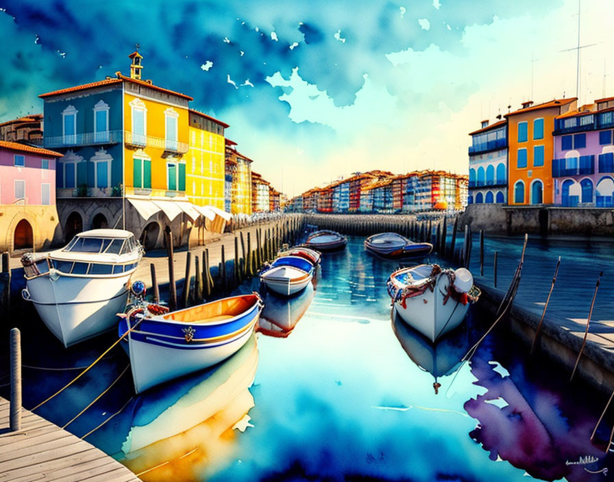 Colorful Marina Scene with Boats and Vibrant Buildings under Blue Sky