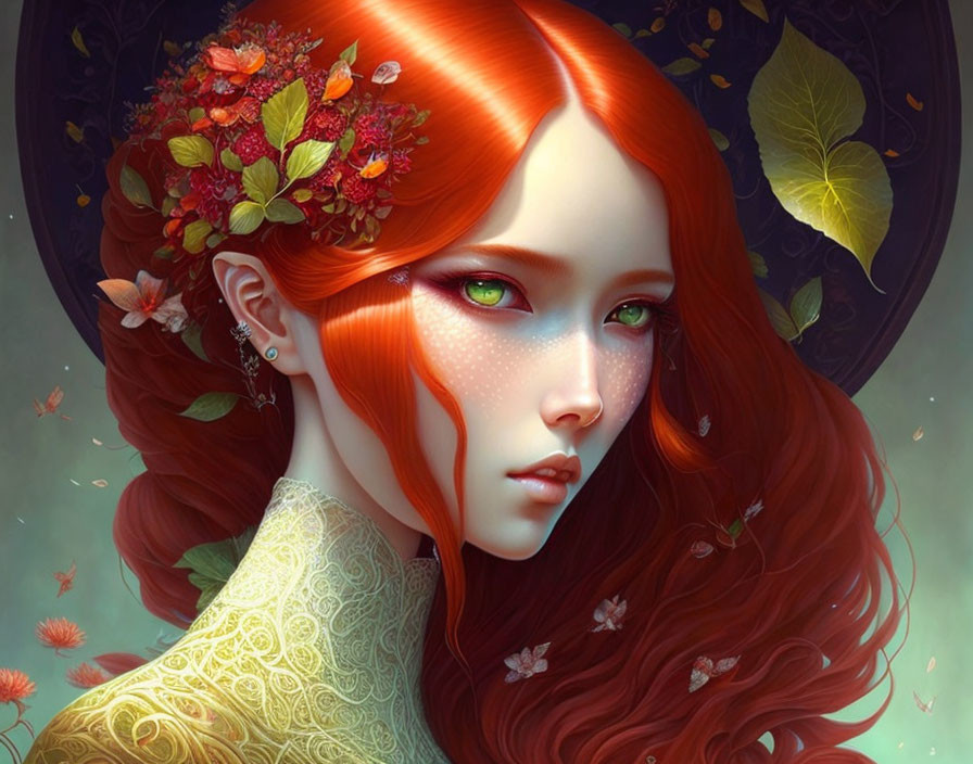 Digital artwork of woman with vibrant red hair, green eyes, floral crown, leaves, and petals