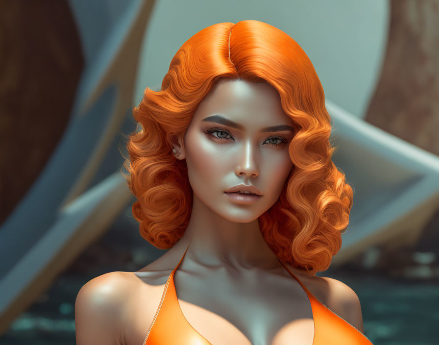 Vibrant orange-haired woman in digital artwork with abstract background