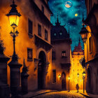 Old European Alley at Night: Glowing Lamps, Starry Sky, Full Moon