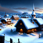 Winter village scene with traditional houses, church, and mountains under twilight sky