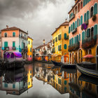 Vibrant canal-side buildings with gondolas under dramatic sky