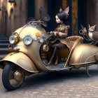 Steampunk-style cat character on scooter with mechanical bird in cobbled alleyway
