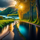 Scenic landscape: golden sunlight, willow trees, river, greenery, snowy mountains