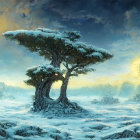 Surreal winter landscape with snow-covered mushroom trees and descending bright object