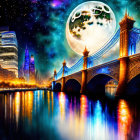 Vibrant night cityscape with oversized moon and bridge reflections