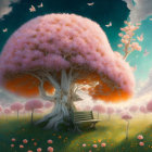 Fantastical landscape with pink canopy tree, glowing orbs, lone bench, and dreamy sky