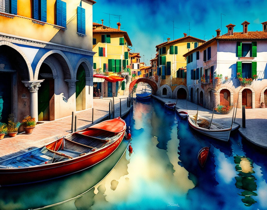 Vibrant European town scene with boats on colorful canal