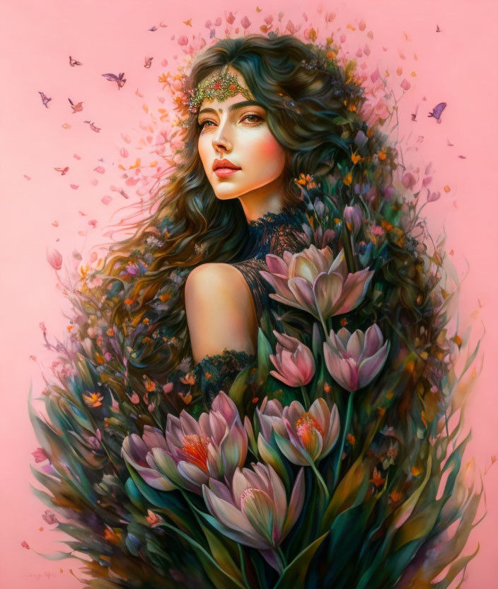 Portrait of Woman with Flowing Hair and Floral Adornment Among Pink Flowers and Butterflies on Soft Pink