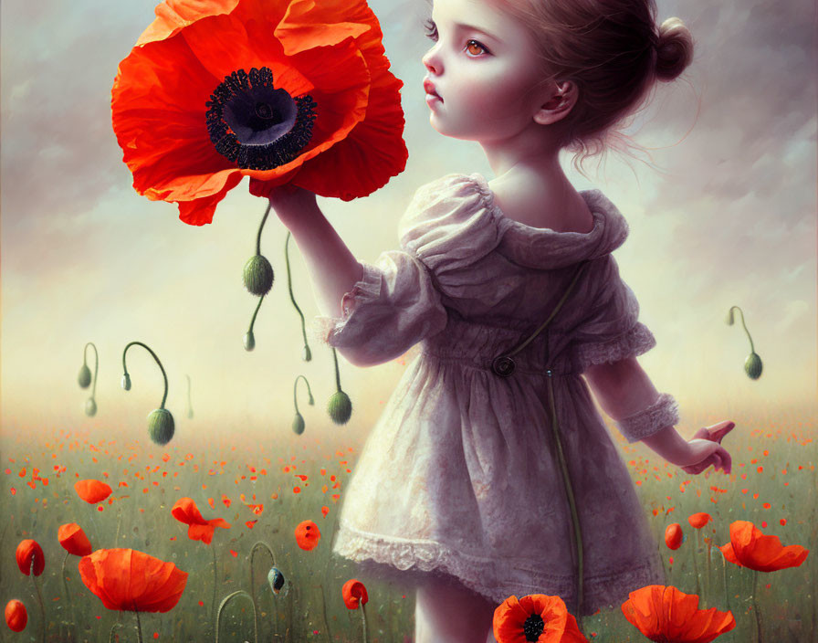 Young girl holding giant red poppy in field under moody sky surrounded by smaller poppies and pop