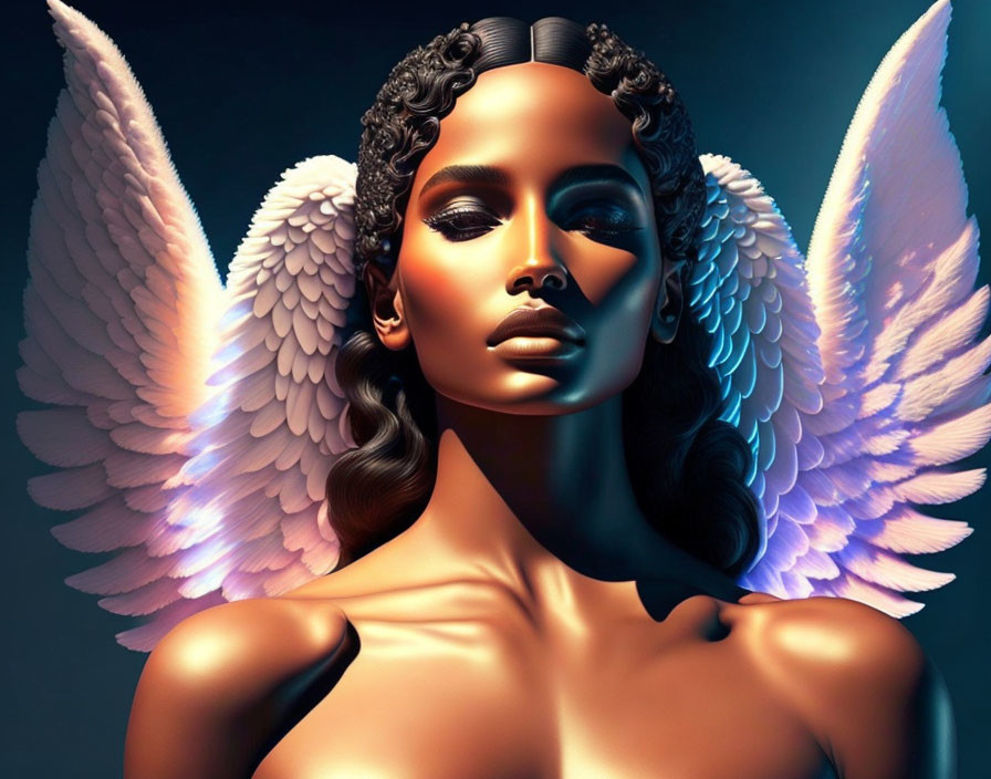 Digital Artwork: Woman with Wings and Serene Expression