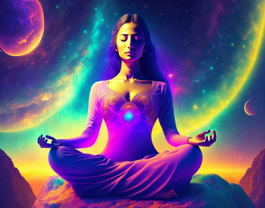 Woman Meditating in Cosmic Setting with Vibrant Galactic Elements