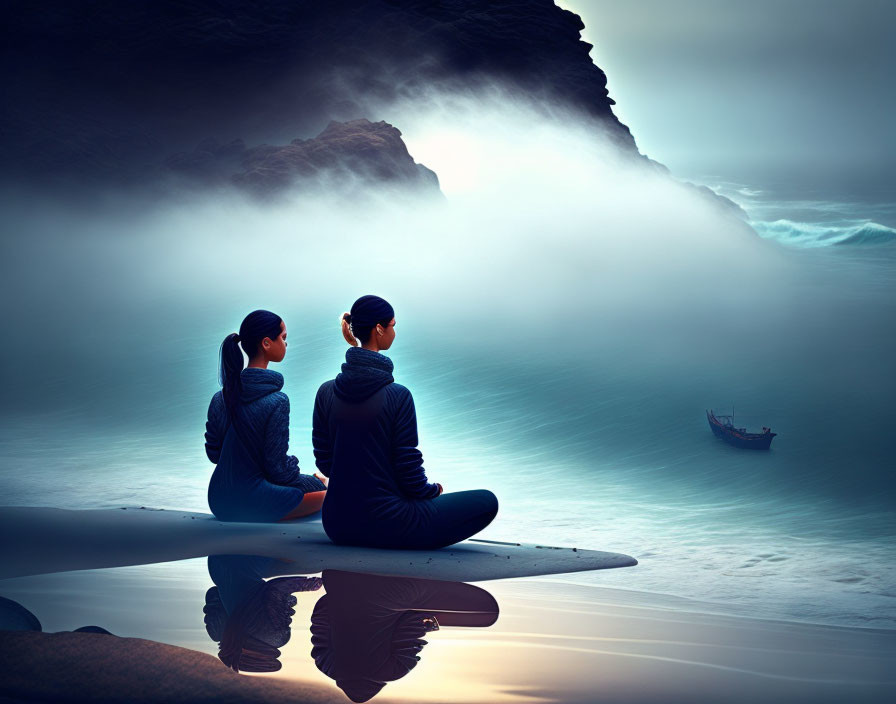 Two individuals meditating on a rock by misty water at twilight