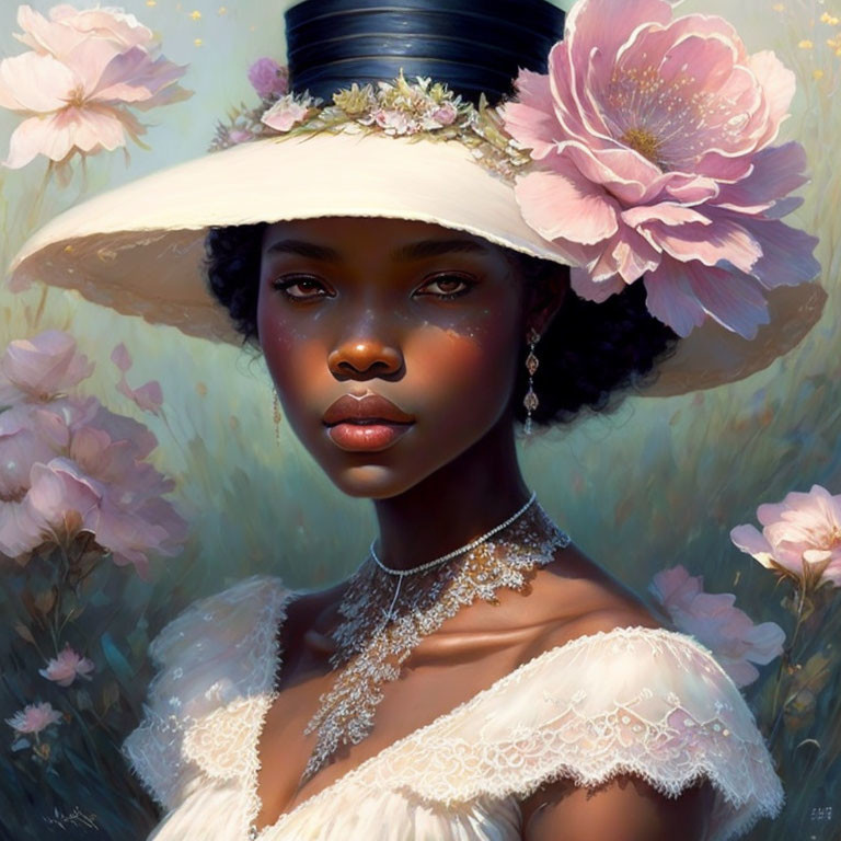 Portrait of woman with dark skin in broad-brimmed hat with flowers, against soft pink backdrop