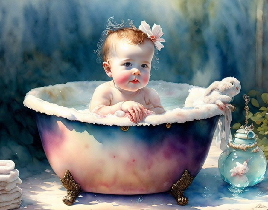 Baby with Flower Hair Accessory Smiling in Ornate Bathtub