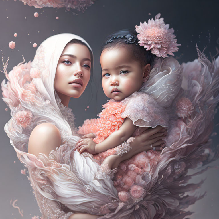 Woman in White Headscarf Cradling Child Among Pink Flowers
