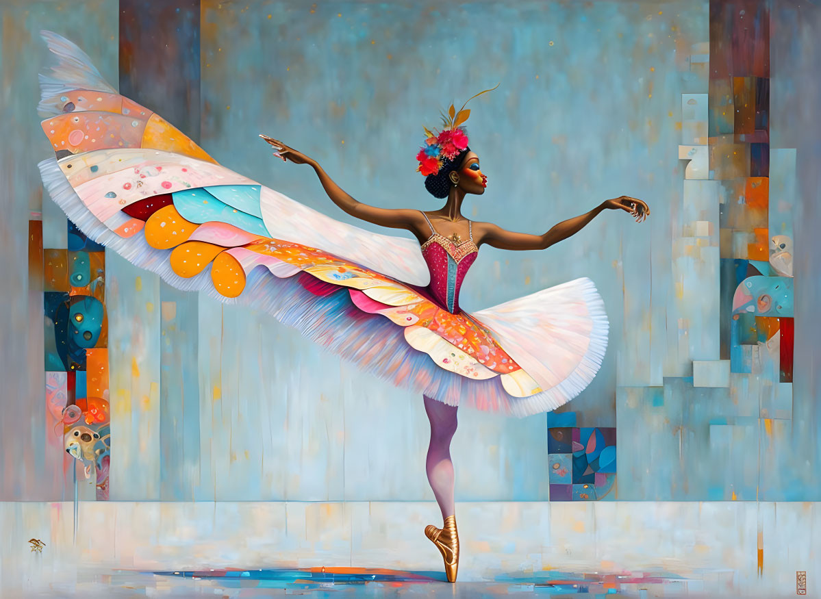 Colorful painting of elegant ballerina with ornate wings in whimsical setting