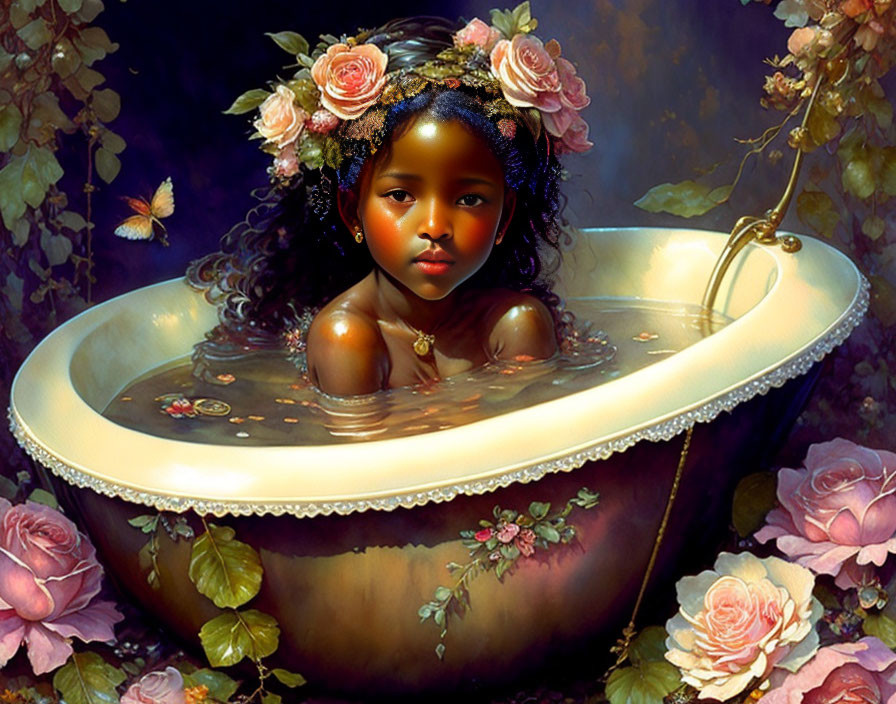 Young girl with floral headpiece in ornate bathtub with roses and butterflies