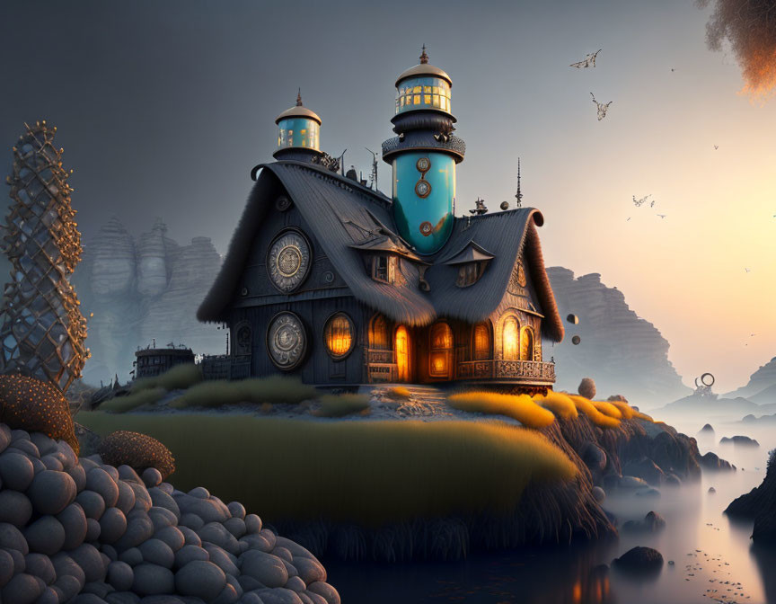 Whimsical house with round towers by the sea at dusk