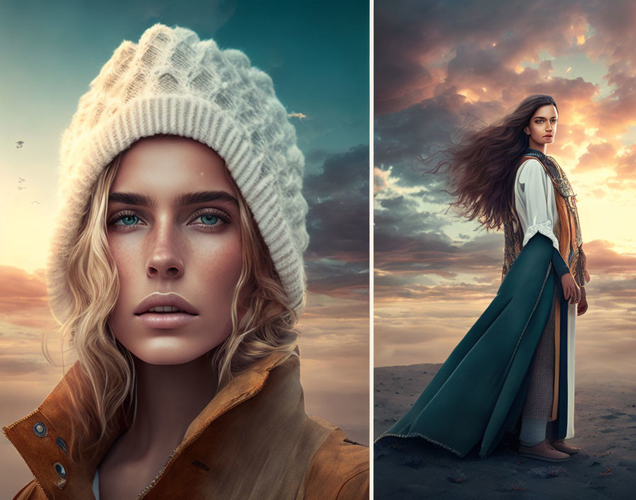 Close-up of woman with blue eyes in beanie & woman in historical attire in desert at sunset