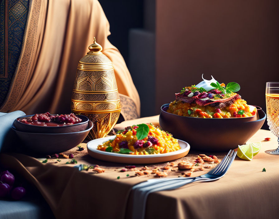 Luxurious Middle Eastern Dining Setup with Golden Tajine and Colorful Couscous