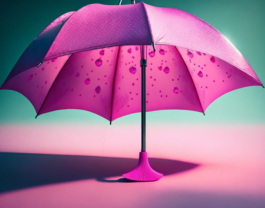 Pink Dotted Design Umbrella on Teal-Pink Gradient Background