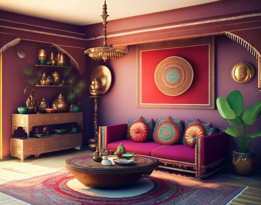 Colorful ethnic living room with pink sofa, decorative pillows, brass ornaments, and traditional rug under warm