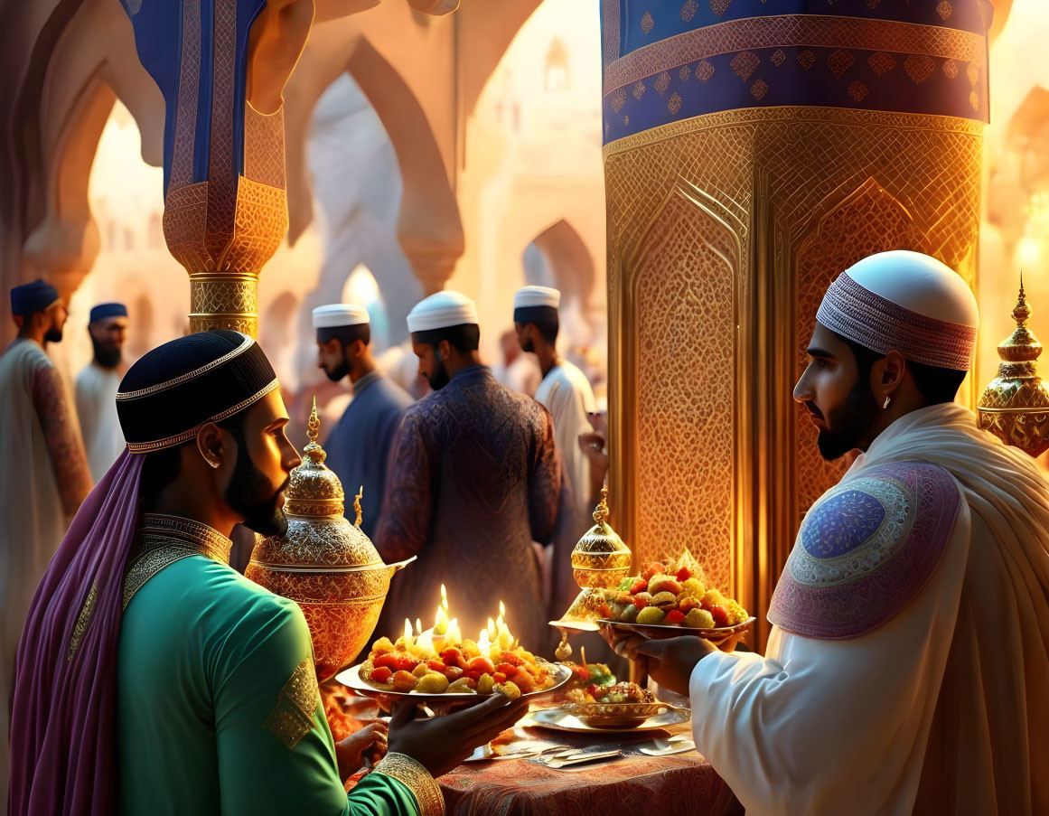 Vibrant Middle Eastern market scene with traditional attire and ornate architecture