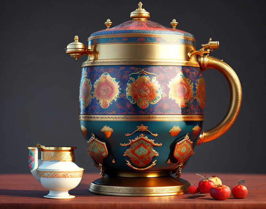 Colorful Ornate Samovar with Matching Cup and Red Berries on Dark Background