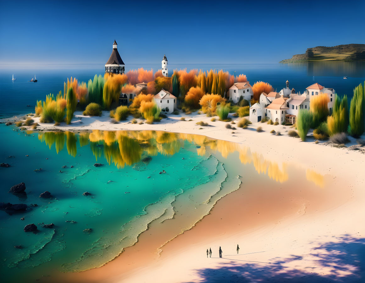 Scenic Coastal Village with Autumn Trees and Turquoise Waters