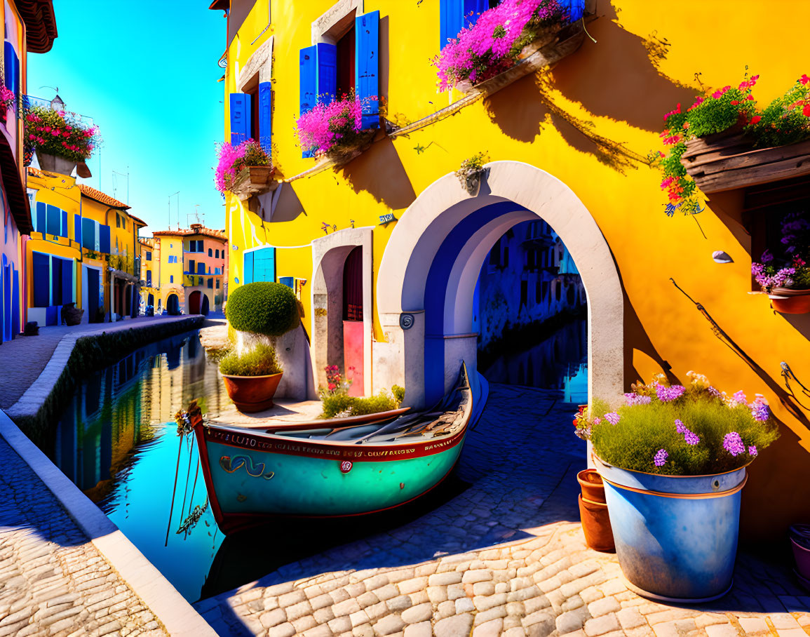 Colorful building with pink flowers by canal and moored boat in serene setting