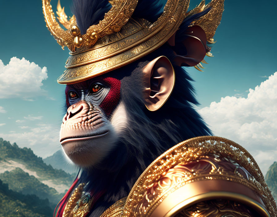 Detailed digital artwork: Majestic monkey in golden armor against blue sky