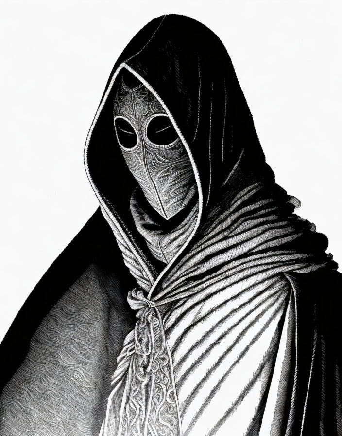 Monochrome artwork of hooded figure with intricate facial and robe patterns