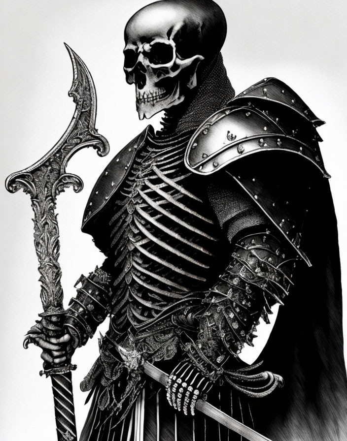 Skeleton in Medieval Armor Holding Sword in Black and White