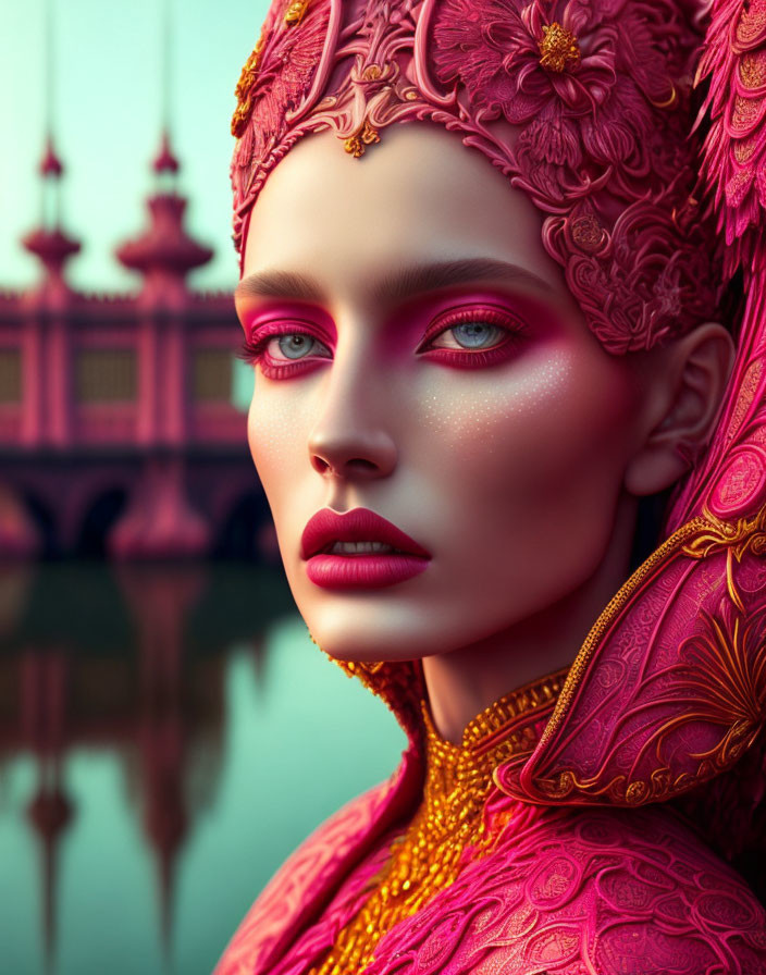 Vibrant pink makeup woman with ornate headdress near reflective water and elaborate structure