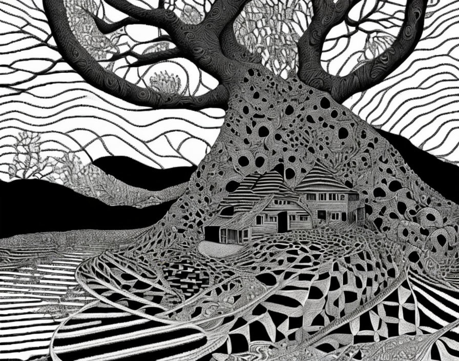 Detailed Black and White Surreal Landscape with Patterned Sky, Tree, and Warped House