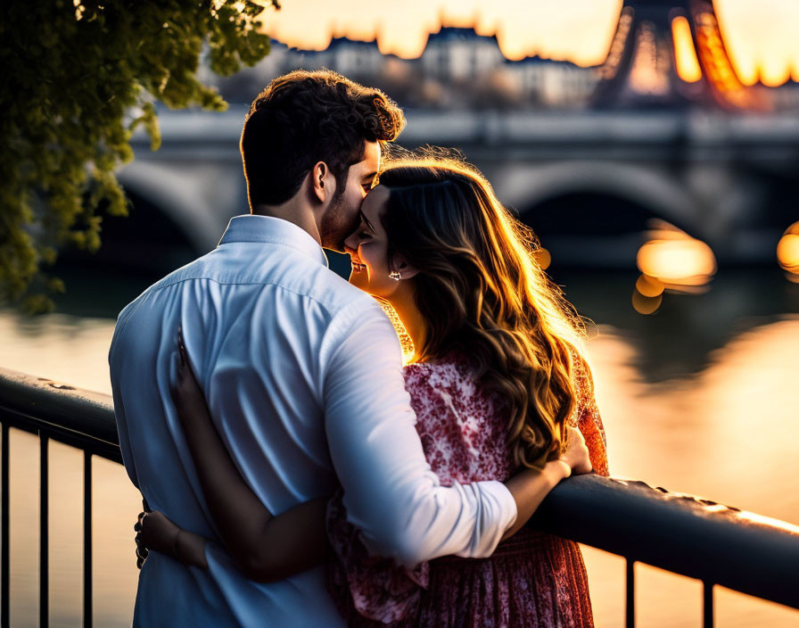 Couple Embraces at Sunset Overlooking City Lights