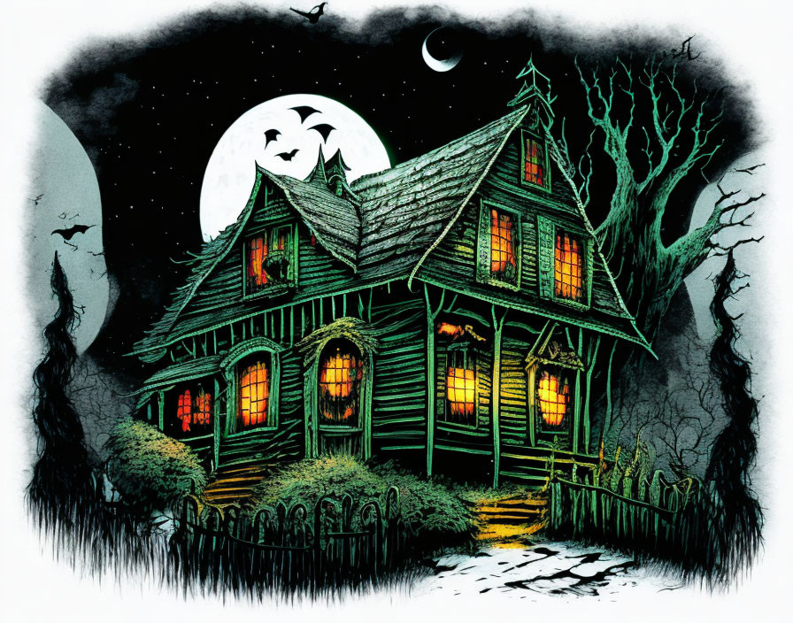 Spooky two-story house illustration with green windows at night